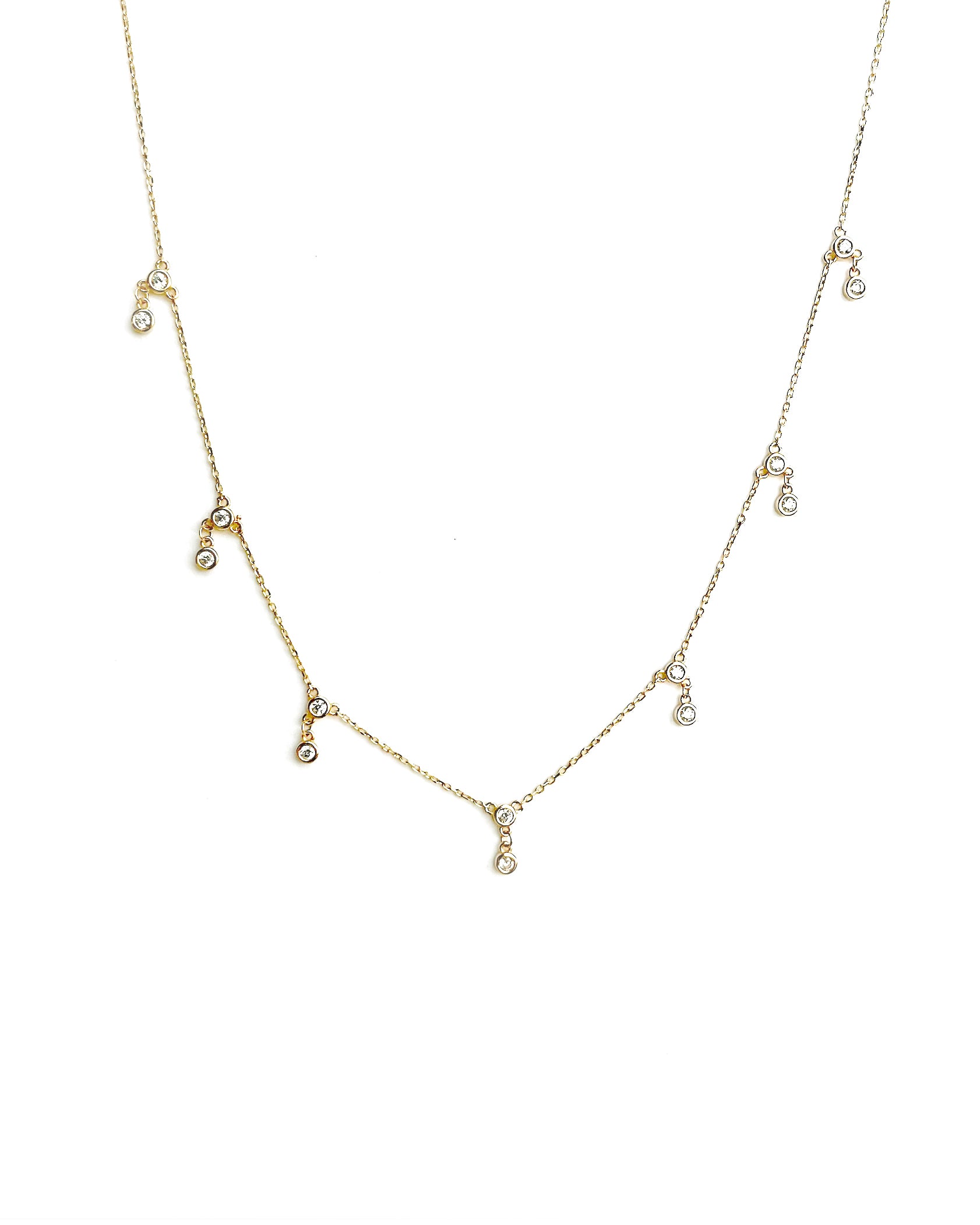 Double Round Stone Drop Necklace | 
                    18k gold and high quality cubic zirconia stones.