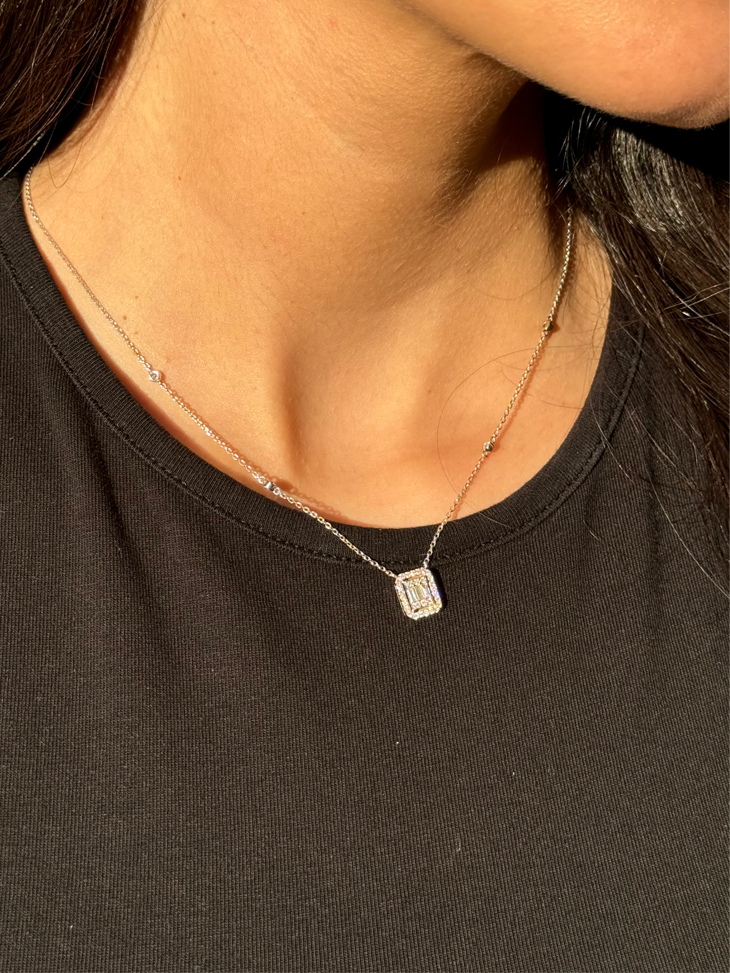 Diamond Square Pendant Necklace with Side Stones