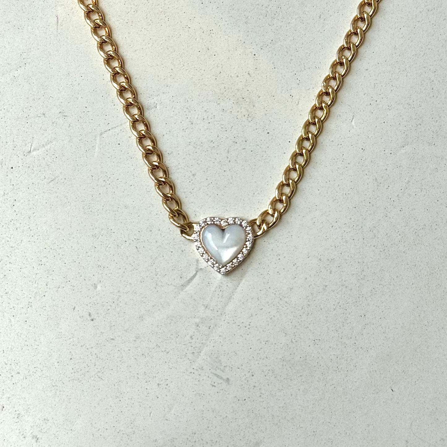 Framed Pearl Heart Curb Chain Necklace