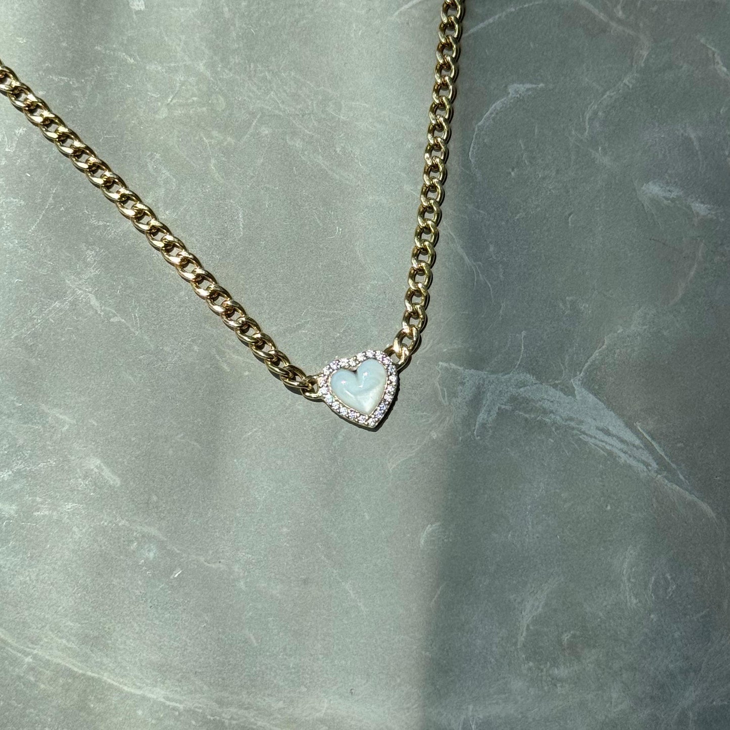 Framed Pearl Heart Curb Chain Necklace